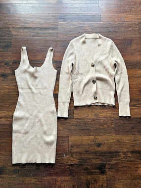 Beige Knit Mini Dress Set